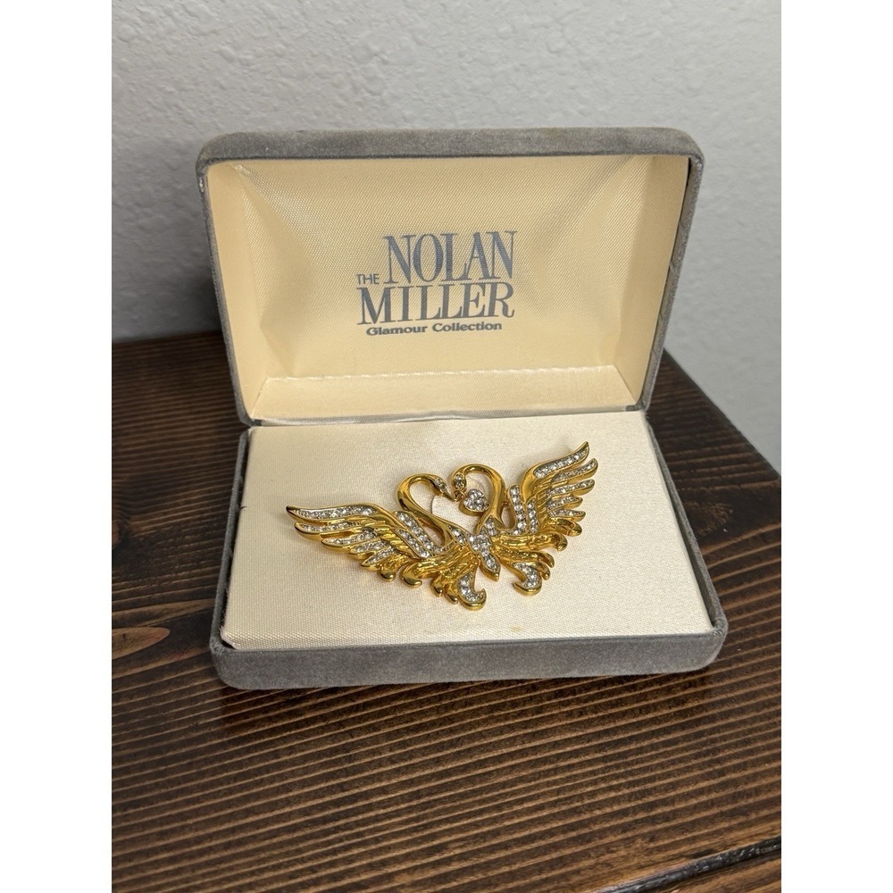 Vintage Nolan Miller Double Swan Brooch Pin Dangle Heart Pave Rhinestones signed